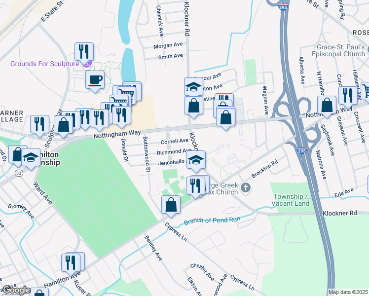 map of restaurants, bars, coffee shops, grocery stores, and more near 1634 Richmond Avenue in Hamilton Township