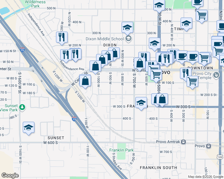 map of restaurants, bars, coffee shops, grocery stores, and more near 159 South 900 West in Provo
