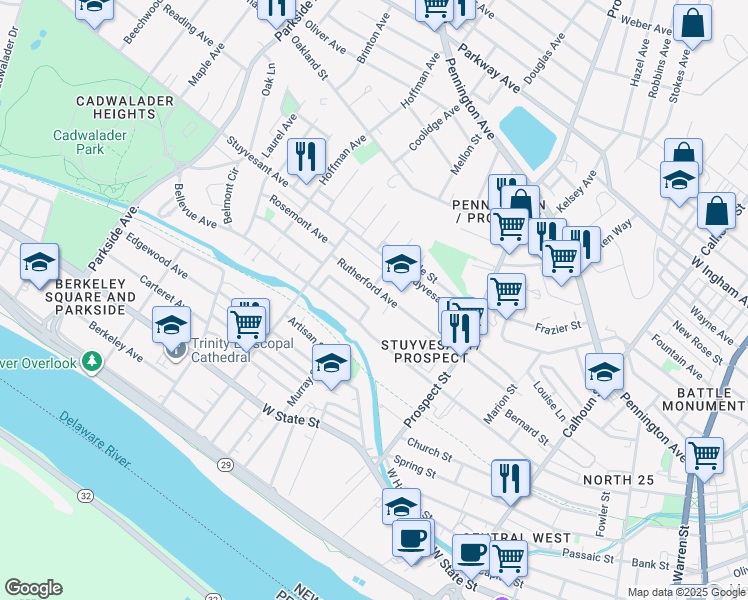map of restaurants, bars, coffee shops, grocery stores, and more near 533 Rutherford Avenue in Trenton