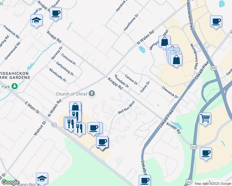 map of restaurants, bars, coffee shops, grocery stores, and more near 6701 Colonial Court in North Wales