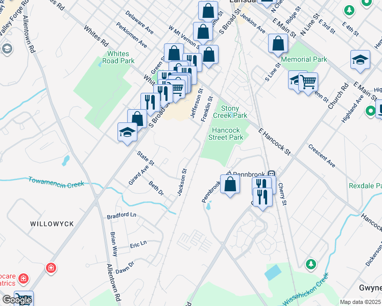 map of restaurants, bars, coffee shops, grocery stores, and more near 646 Jackson Street in Lansdale