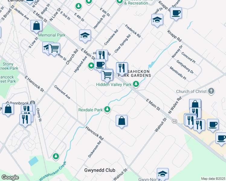 map of restaurants, bars, coffee shops, grocery stores, and more near 52 Oakland Avenue in Lansdale