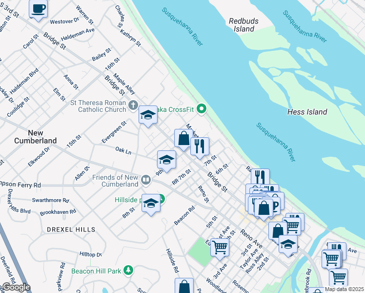 map of restaurants, bars, coffee shops, grocery stores, and more near 905 Bridge Street in New Cumberland