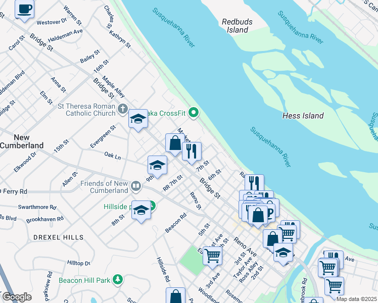 map of restaurants, bars, coffee shops, grocery stores, and more near 200 9th Street in New Cumberland