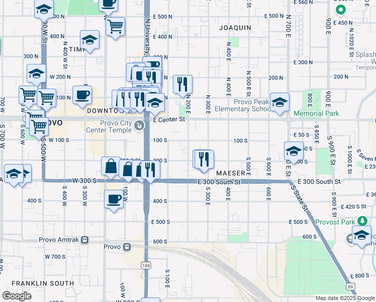 map of restaurants, bars, coffee shops, grocery stores, and more near 150 S 200 E in Provo