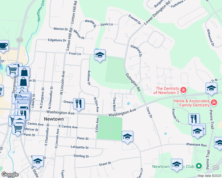 map of restaurants, bars, coffee shops, grocery stores, and more near 201 Worstall Alley in Newtown