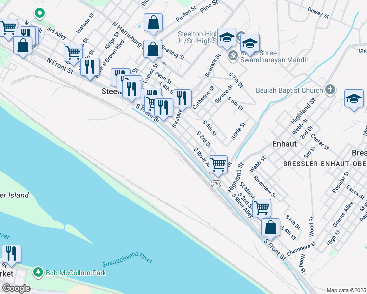 map of restaurants, bars, coffee shops, grocery stores, and more near 300 South Front Street in Steelton
