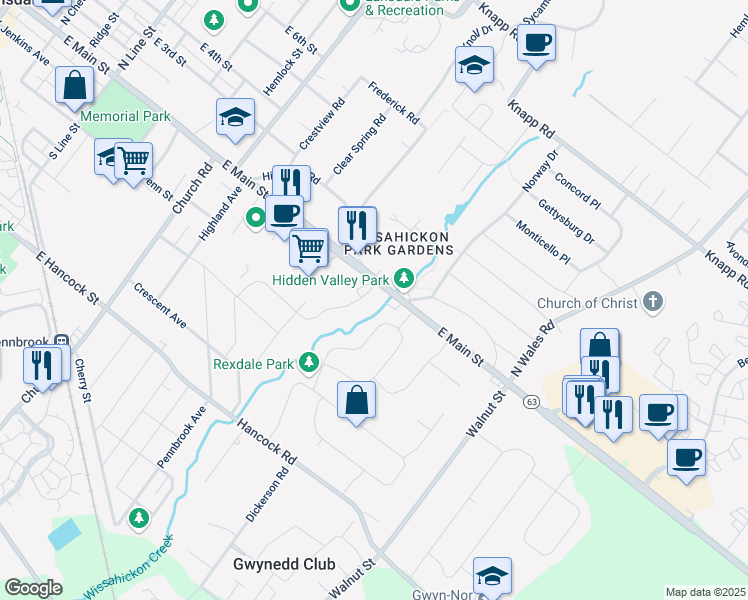 map of restaurants, bars, coffee shops, grocery stores, and more near 9 Oakland Avenue in Lansdale