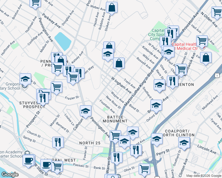 map of restaurants, bars, coffee shops, grocery stores, and more near 38-46 Harris Avenue in Trenton