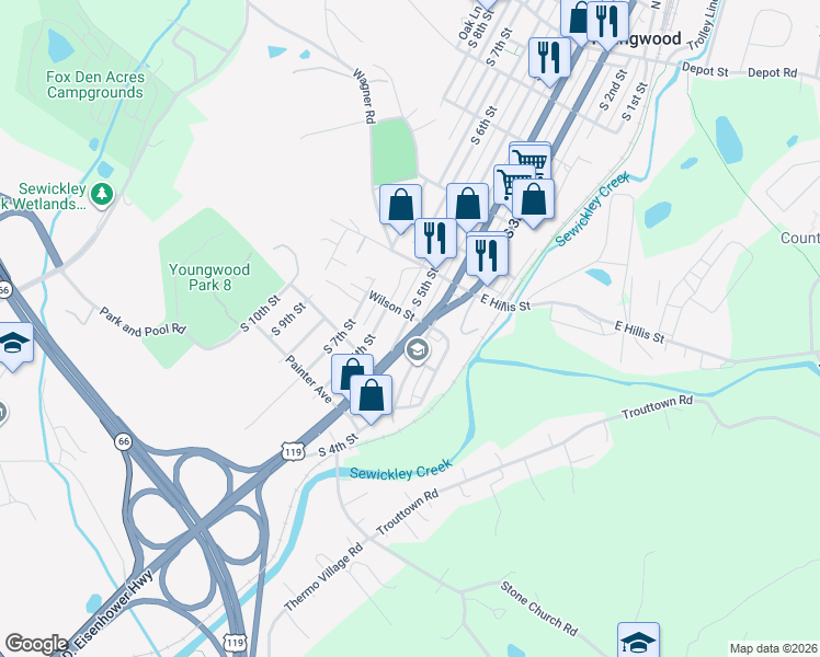 map of restaurants, bars, coffee shops, grocery stores, and more near 606 South 5th Street in Youngwood