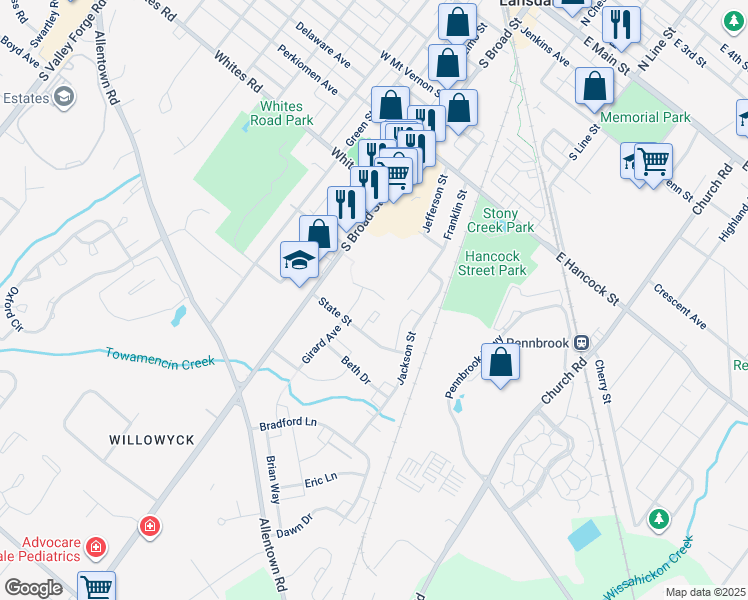 map of restaurants, bars, coffee shops, grocery stores, and more near 120 Whitney Place in Lansdale