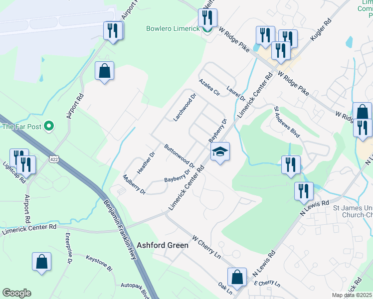 map of restaurants, bars, coffee shops, grocery stores, and more near 805 Sprucewood Drive in Royersford