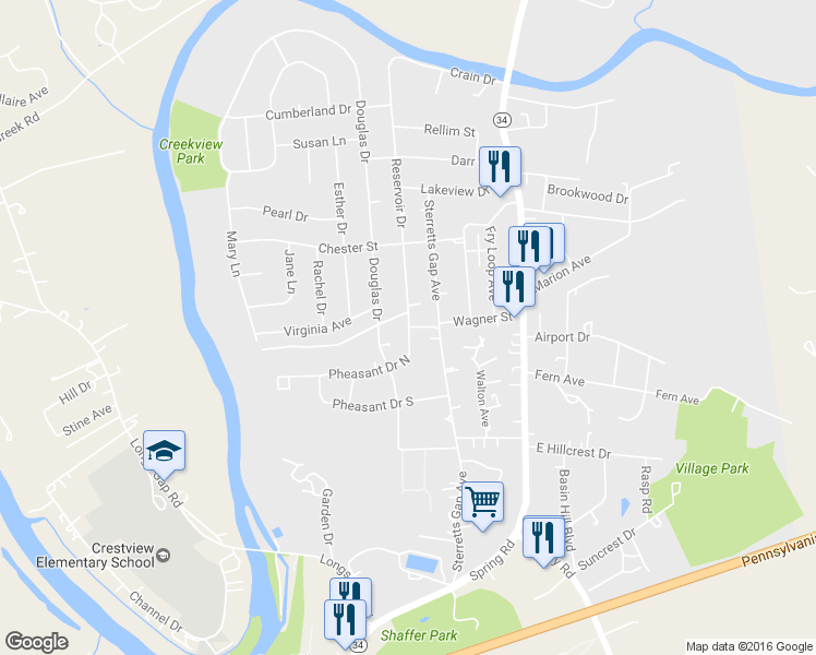 map of restaurants, bars, coffee shops, grocery stores, and more near 1208 Pheasant Drive North in Carlisle
