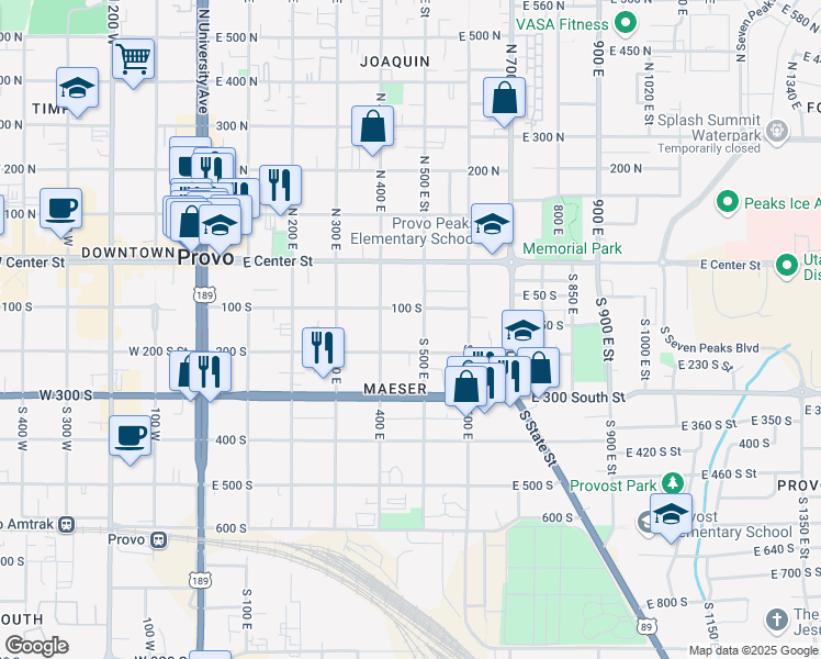 map of restaurants, bars, coffee shops, grocery stores, and more near 150 South 500 East in Provo
