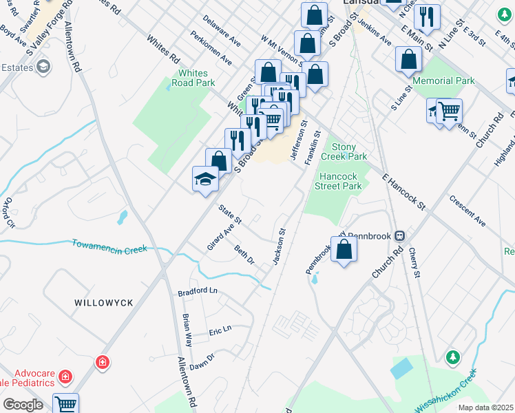 map of restaurants, bars, coffee shops, grocery stores, and more near 120 Whitney Place in Lansdale