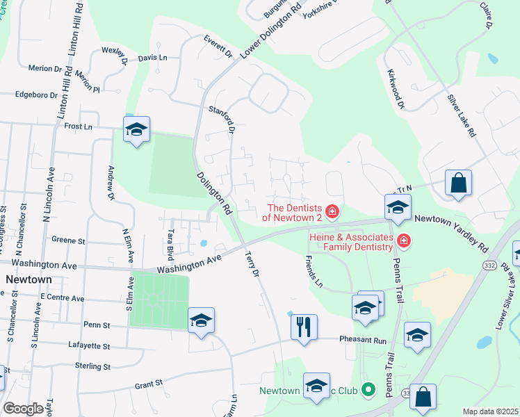 map of restaurants, bars, coffee shops, grocery stores, and more near 26 Independence Place in Newtown