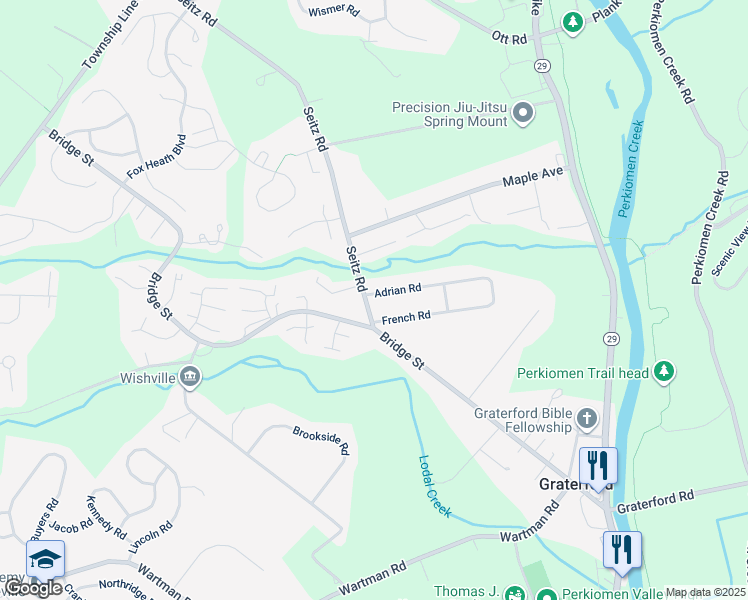 map of restaurants, bars, coffee shops, grocery stores, and more near 43 Seitz Road in Collegeville