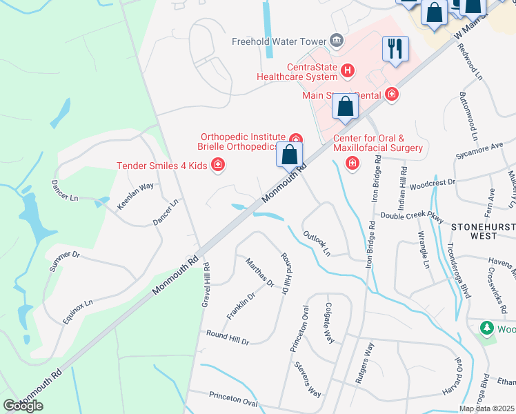 map of restaurants, bars, coffee shops, grocery stores, and more near 61 West Main Street in Manalapan Township