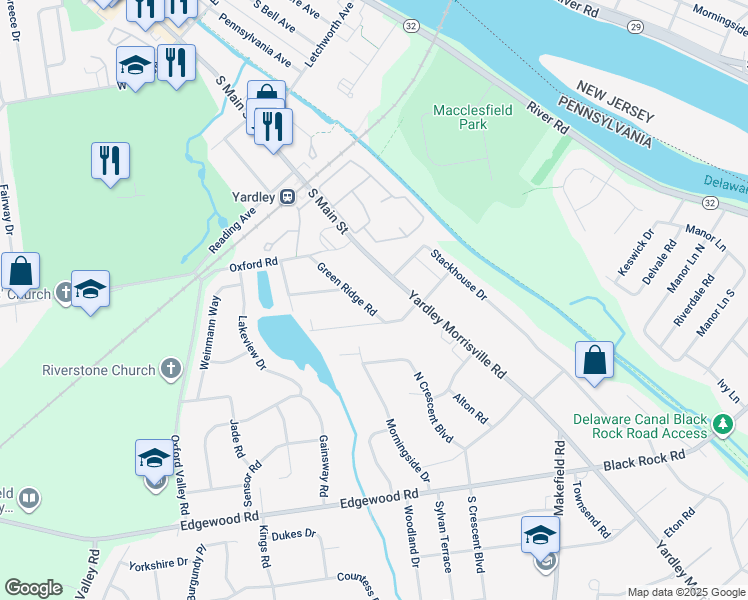map of restaurants, bars, coffee shops, grocery stores, and more near 10 Green Ridge Road in Yardley
