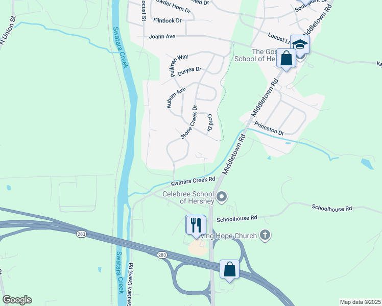 map of restaurants, bars, coffee shops, grocery stores, and more near 2147 Carey Way in Hummelstown
