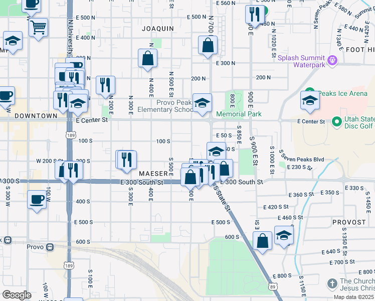 map of restaurants, bars, coffee shops, grocery stores, and more near 144 600 East in Provo