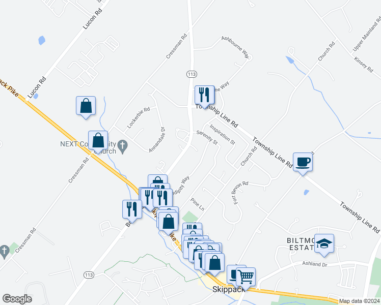 map of restaurants, bars, coffee shops, grocery stores, and more near 2062 Bridge Road in Schwenksville