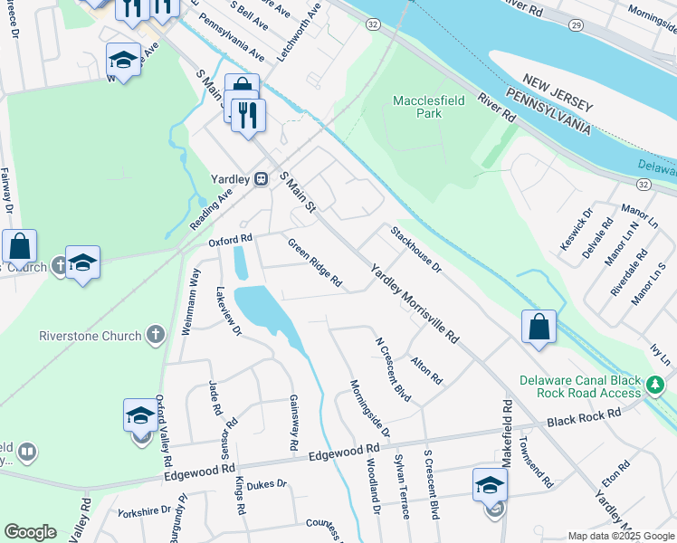 map of restaurants, bars, coffee shops, grocery stores, and more near 10 Green Ridge Road in Yardley