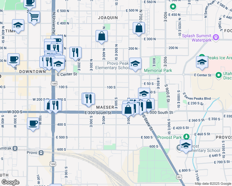 map of restaurants, bars, coffee shops, grocery stores, and more near 165 South 500 East in Provo