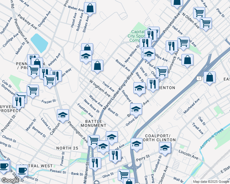 map of restaurants, bars, coffee shops, grocery stores, and more near 687 Martin Luther King Junior Boulevard in Trenton