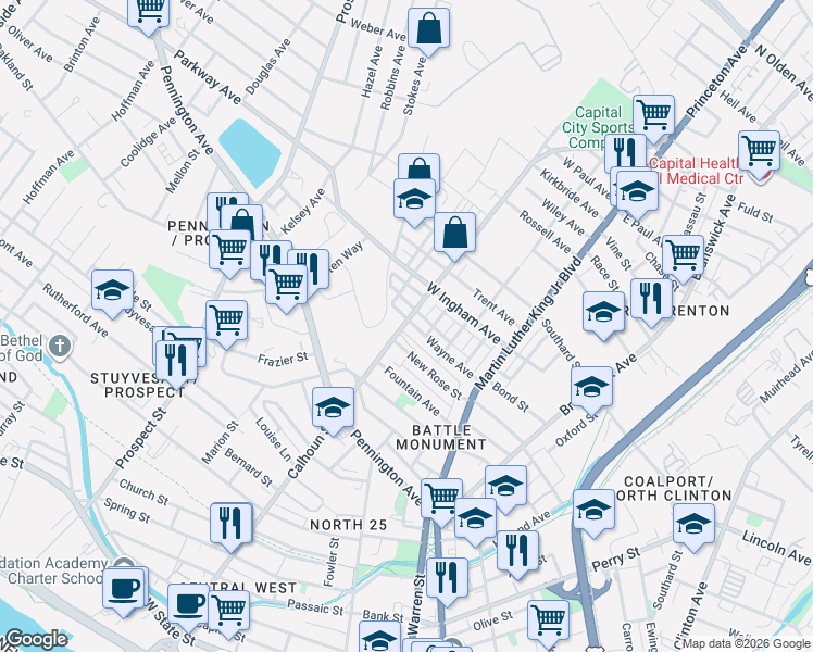 map of restaurants, bars, coffee shops, grocery stores, and more near 746 Rev S Howard Woodson Junior Way in Trenton