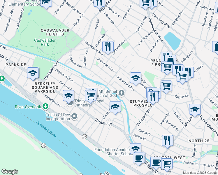 map of restaurants, bars, coffee shops, grocery stores, and more near 583 Bellevue Avenue in Trenton
