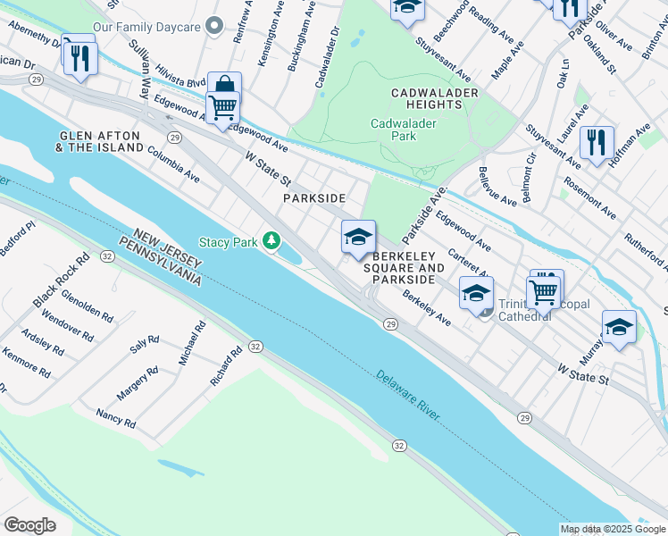 map of restaurants, bars, coffee shops, grocery stores, and more near 1112 Riverside Avenue in Trenton