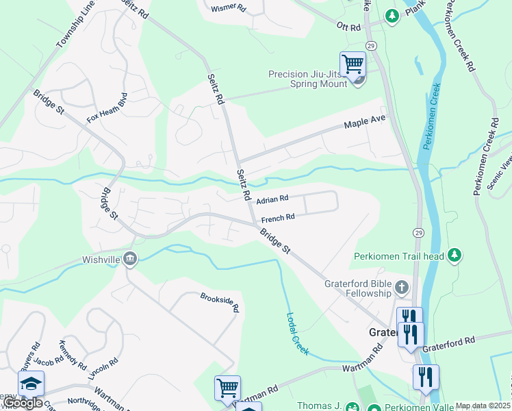 map of restaurants, bars, coffee shops, grocery stores, and more near 43 Seitz Road in Collegeville