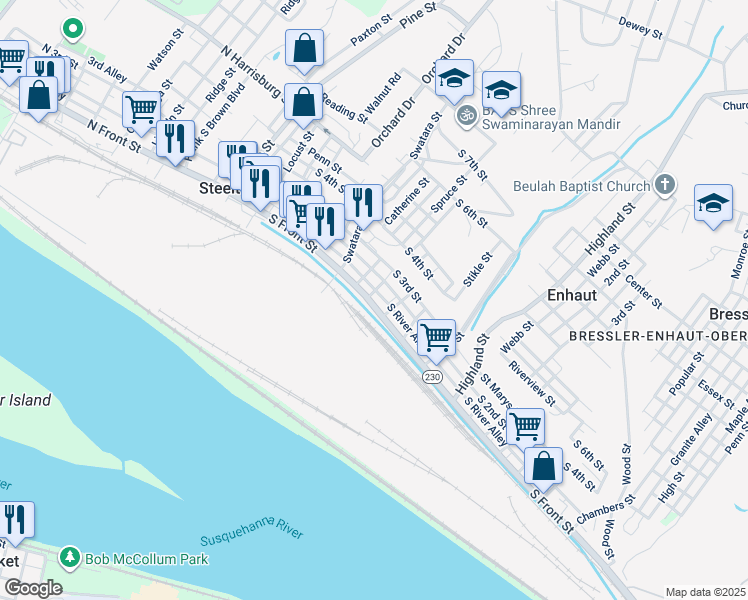 map of restaurants, bars, coffee shops, grocery stores, and more near 321 1/2 South Front Street in Steelton