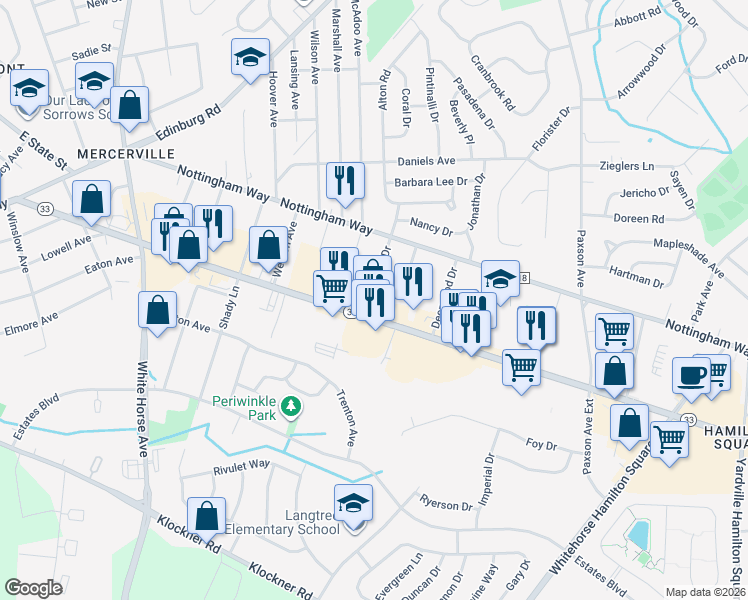 map of restaurants, bars, coffee shops, grocery stores, and more near 724 New Jersey 33 in Hamilton Township