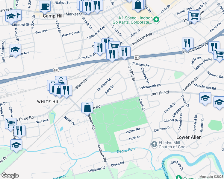 map of restaurants, bars, coffee shops, grocery stores, and more near 1919 Kent Drive in Camp Hill