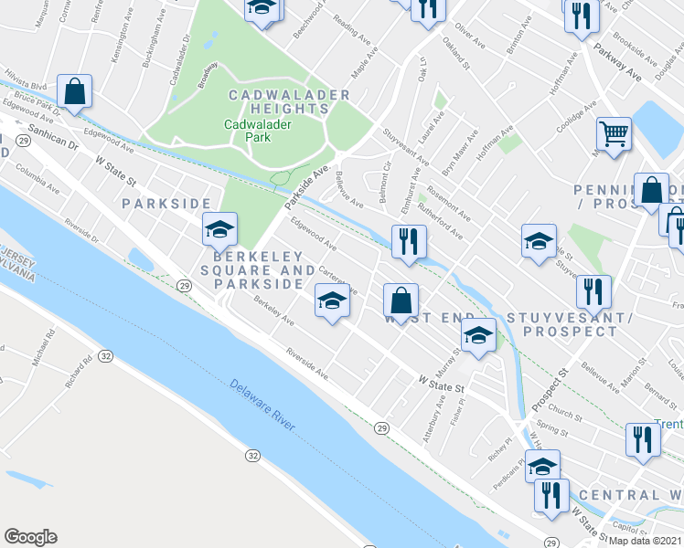 map of restaurants, bars, coffee shops, grocery stores, and more near 834 Carteret Avenue in Trenton