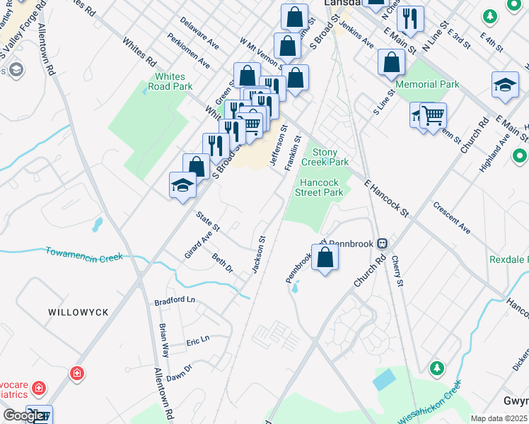 map of restaurants, bars, coffee shops, grocery stores, and more near 647 Franklin Street in Lansdale