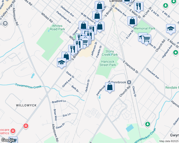 map of restaurants, bars, coffee shops, grocery stores, and more near 647 Franklin Street in Lansdale