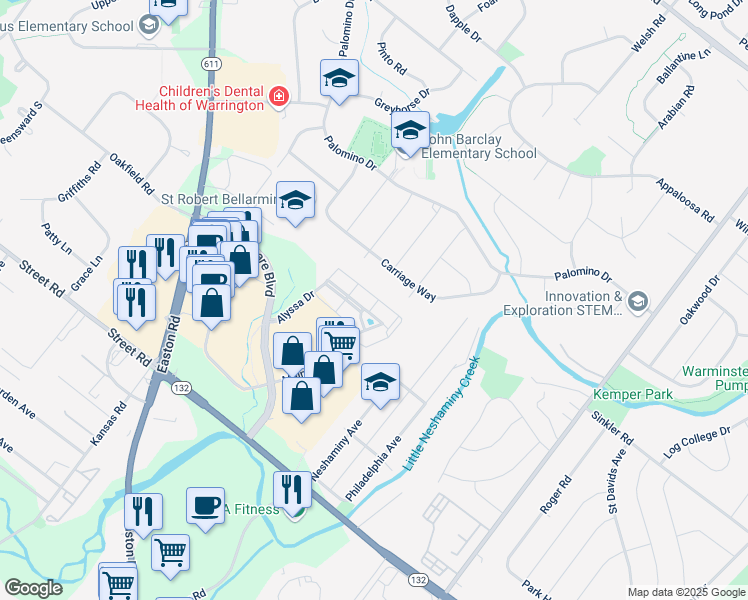 map of restaurants, bars, coffee shops, grocery stores, and more near 5106 Meridian Boulevard in Warrington