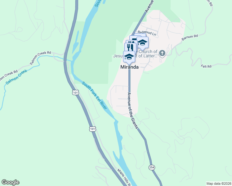 map of restaurants, bars, coffee shops, grocery stores, and more near 1 B Street in Miranda