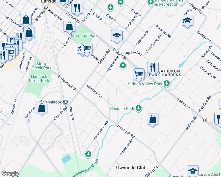 map of restaurants, bars, coffee shops, grocery stores, and more near 235 Pennbrook Avenue in Lansdale