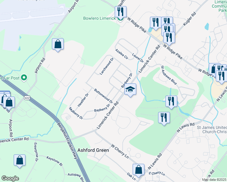 map of restaurants, bars, coffee shops, grocery stores, and more near 805 Sprucewood Drive in Royersford