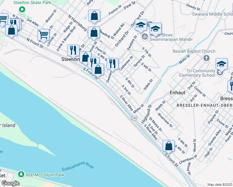 map of restaurants, bars, coffee shops, grocery stores, and more near 305 South Front Street in Steelton