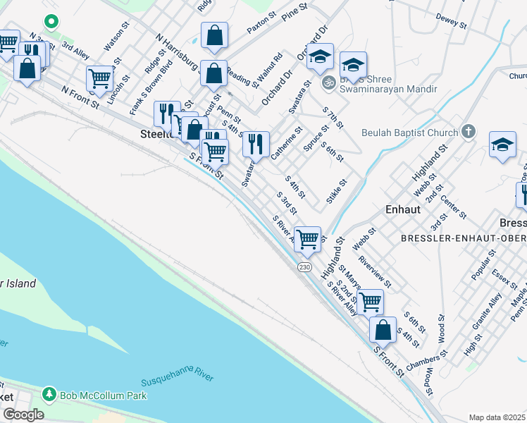 map of restaurants, bars, coffee shops, grocery stores, and more near 303 South Front Street in Steelton