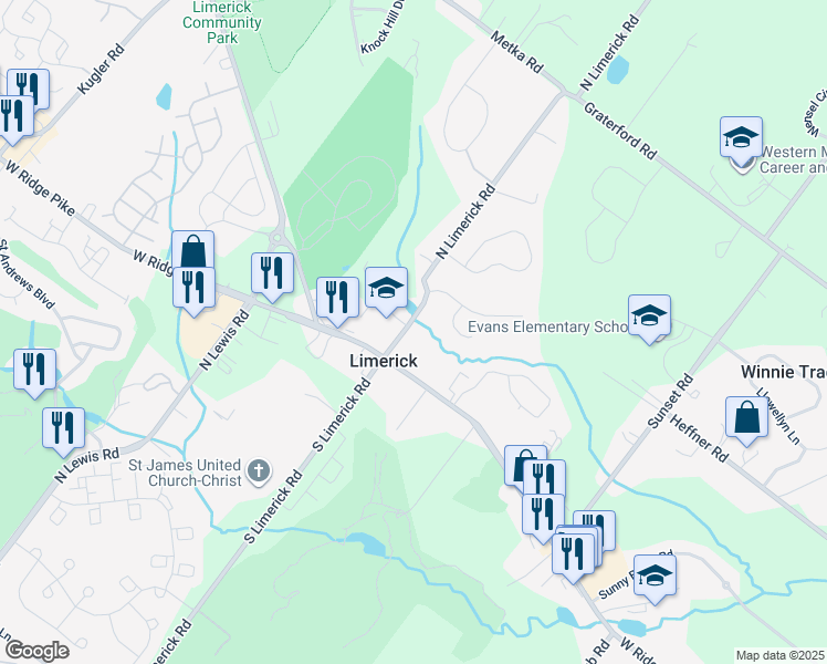 map of restaurants, bars, coffee shops, grocery stores, and more near 22 North Limerick Road in Royersford