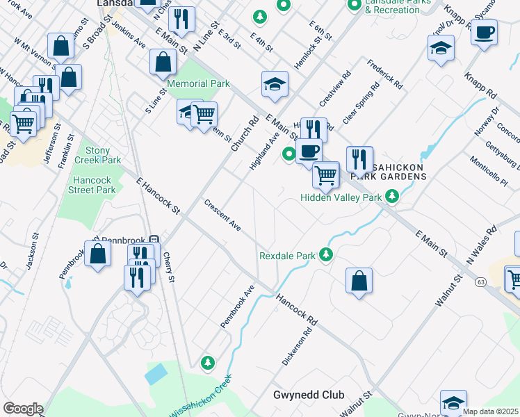 map of restaurants, bars, coffee shops, grocery stores, and more near 235 Pennbrook Avenue in Lansdale
