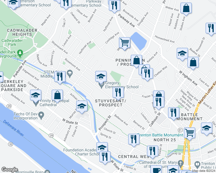 map of restaurants, bars, coffee shops, grocery stores, and more near 475 Stuyvesant Avenue in Trenton