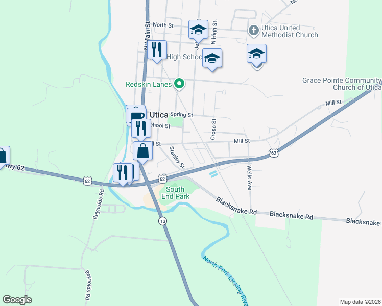 map of restaurants, bars, coffee shops, grocery stores, and more near 145 South Washington Street in Utica