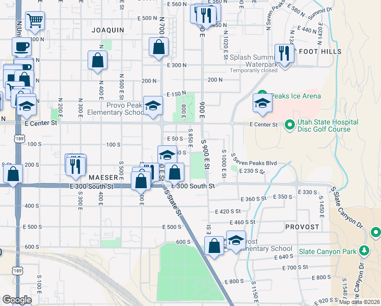 map of restaurants, bars, coffee shops, grocery stores, and more near East 150 South in Provo